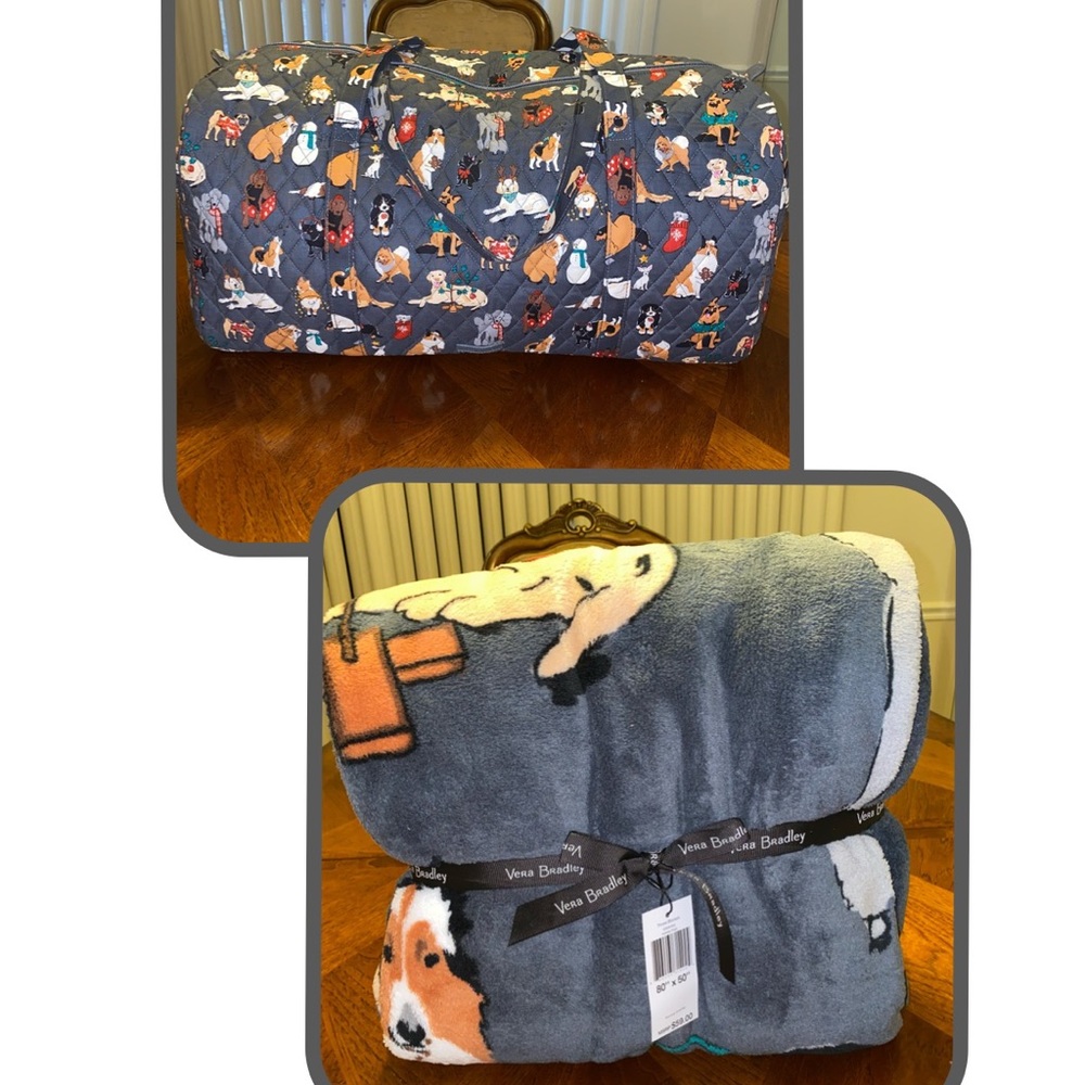NWT Vera Bradley Large Duffel & Throw Blan… Holiday Dogs
